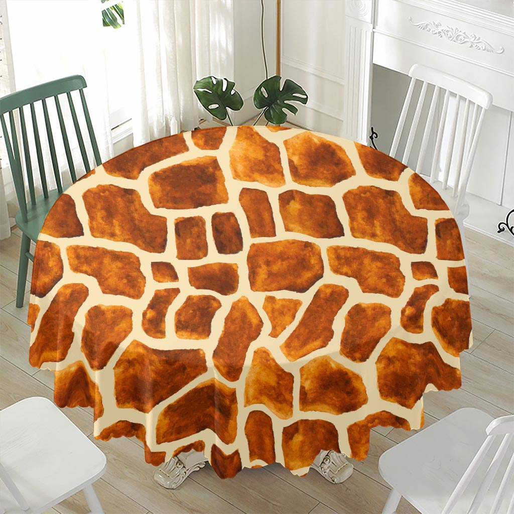 Brown Watercolor Giraffe Pattern Print Waterproof Round Tablecloth