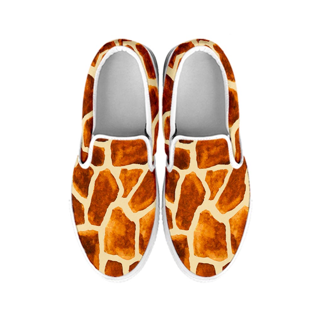 Brown Watercolor Giraffe Pattern Print White Slip On Sneakers