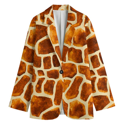Brown Watercolor Giraffe Pattern Print Women's Cotton Blazer