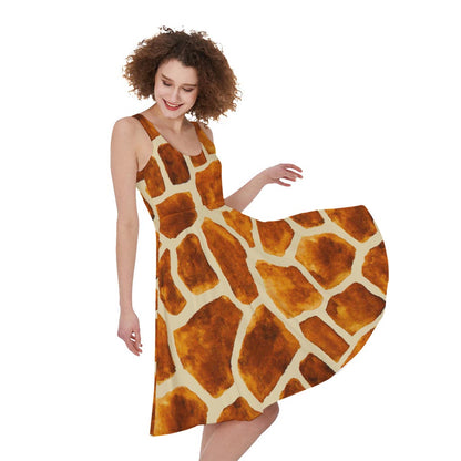 Brown Watercolor Giraffe Pattern Print Women's Sleeveless Dress