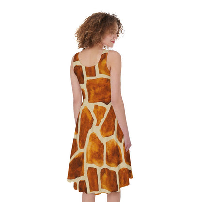Brown Watercolor Giraffe Pattern Print Women's Sleeveless Dress