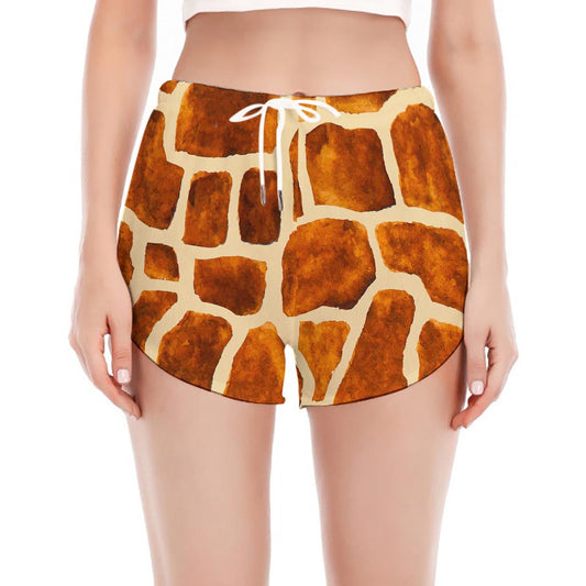 Brown Watercolor Giraffe Pattern Print Women's Split Running Shorts