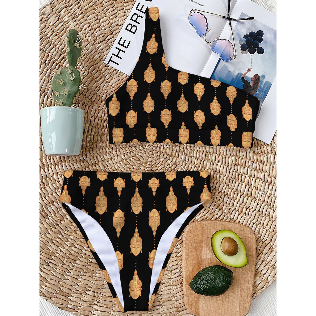 Buddha Pattern Print One Shoulder Bikini Top