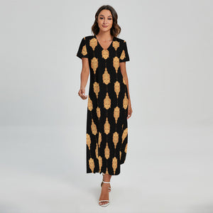 Buddha Pattern Print Short Sleeve Maxi Dress