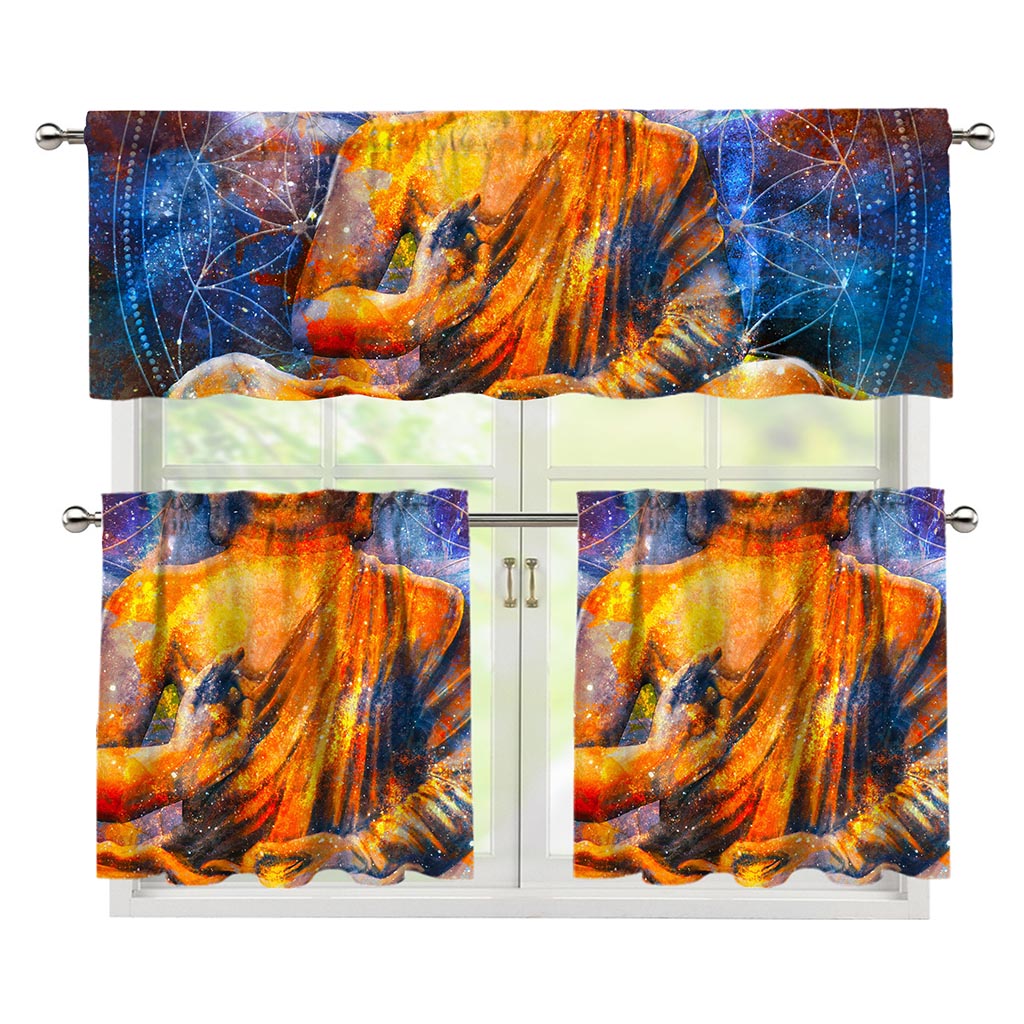 Buddha Statue Mandala Print 3 Piece Kitchen Curtains