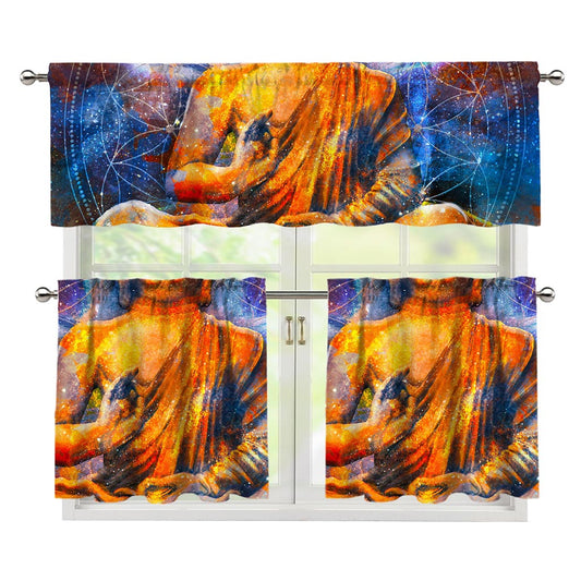 Buddha Statue Mandala Print 3 Piece Kitchen Curtains
