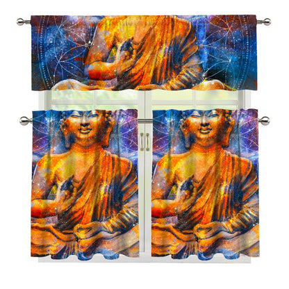 Buddha Statue Mandala Print 3 Piece Kitchen Curtains