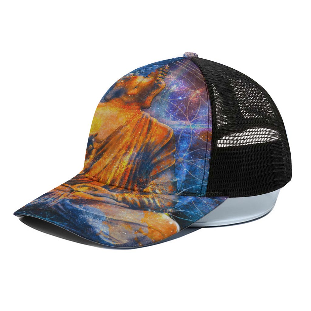 Buddha Statue Mandala Print Black Mesh Trucker Cap