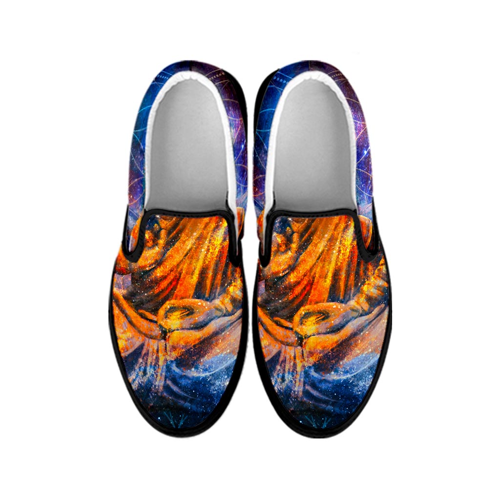 Buddha Statue Mandala Print Black Slip On Sneakers