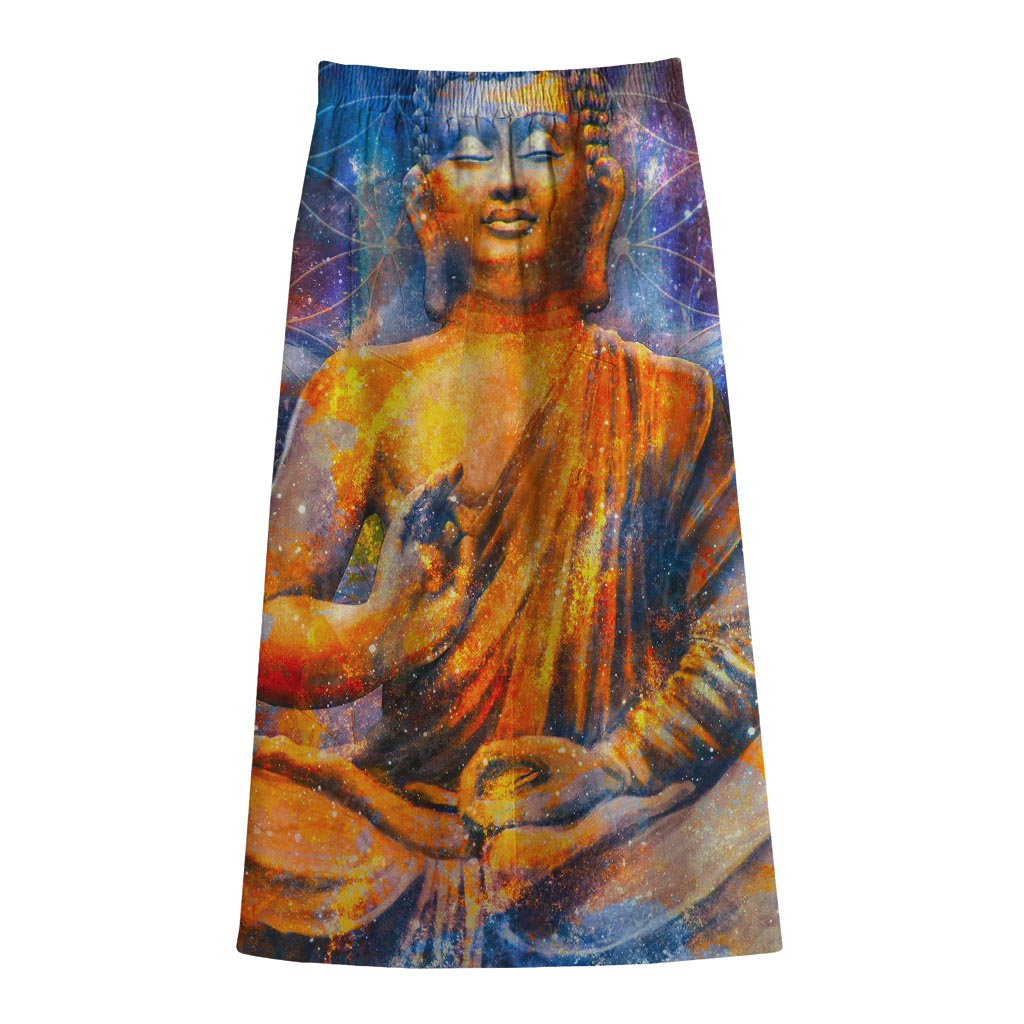 Buddha Statue Mandala Print Cotton Front Slit Maxi Skirt