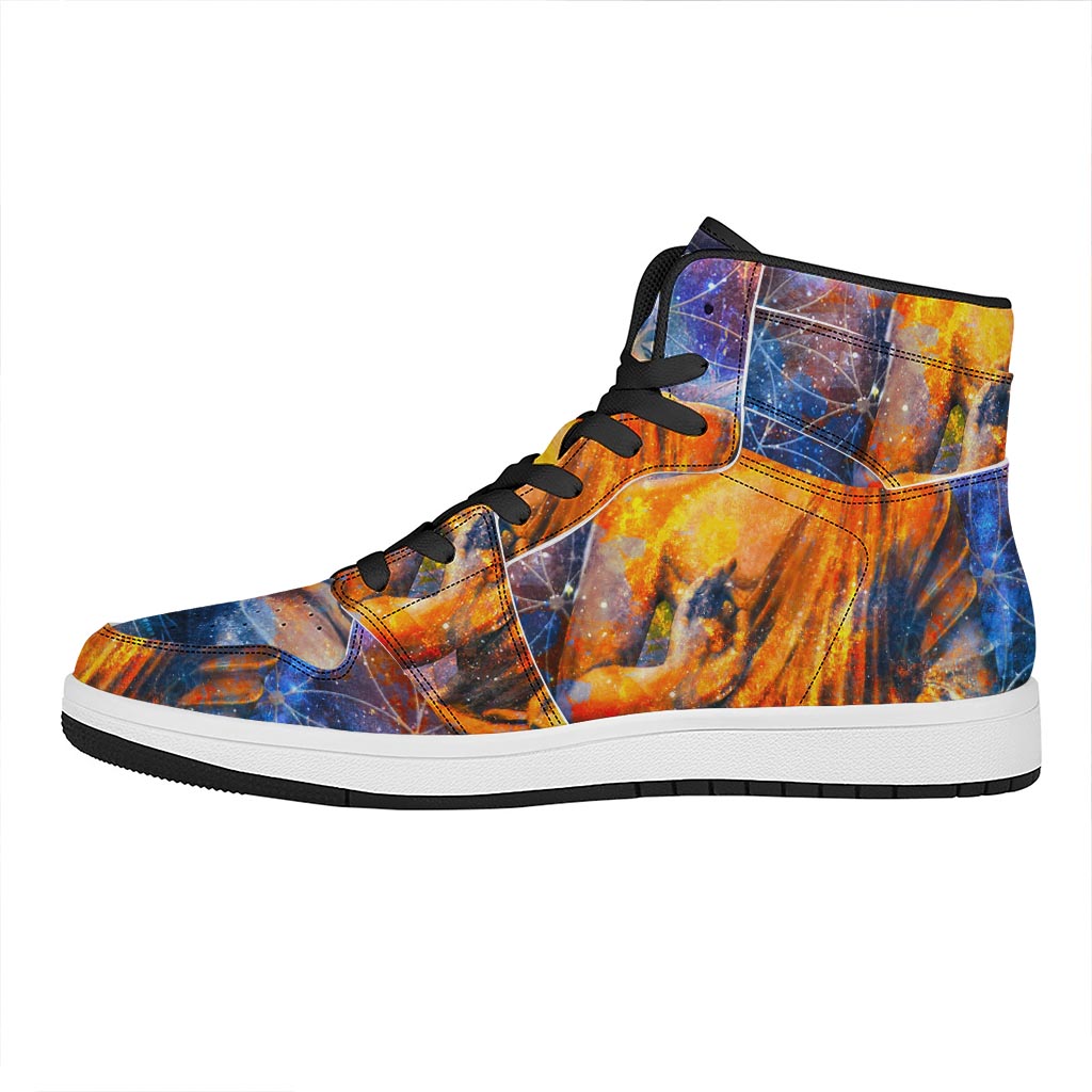 Buddha Statue Mandala Print High Top Leather Sneakers