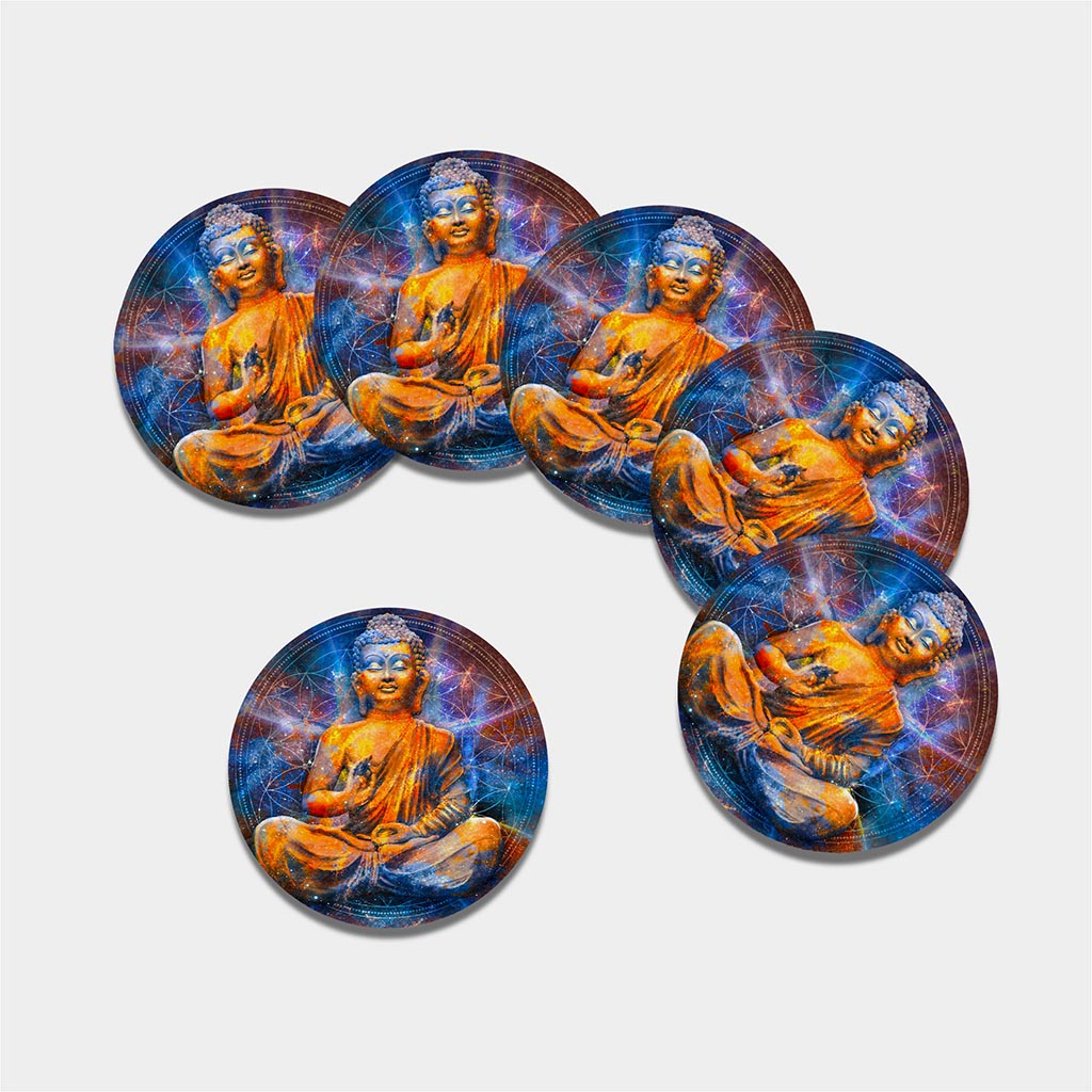 Buddha Statue Mandala Print Leather Coaster Set