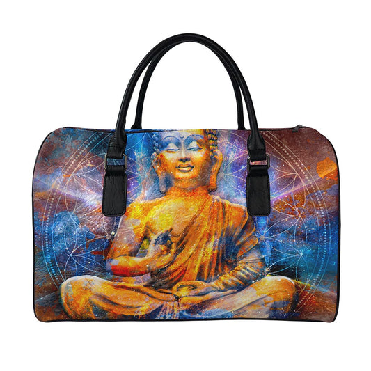 Buddha Statue Mandala Print Leather Duffle Bag