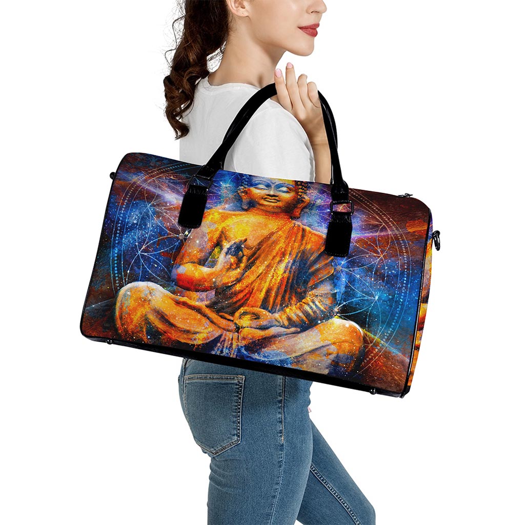 Buddha Statue Mandala Print Leather Duffle Bag