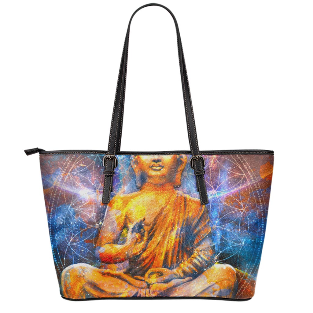 Buddha Statue Mandala Print Leather Tote Bag