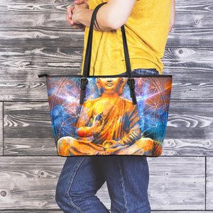 Buddha Statue Mandala Print Leather Tote Bag