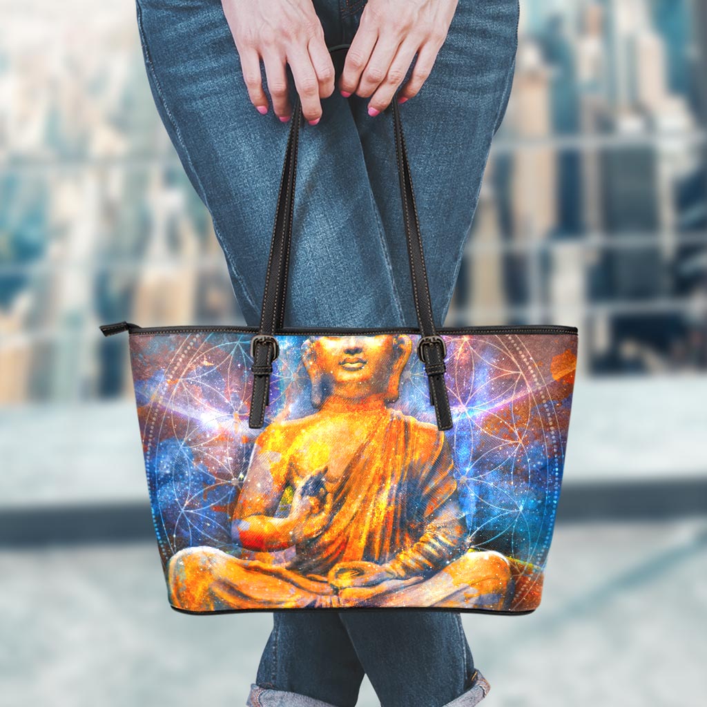 Buddha Statue Mandala Print Leather Tote Bag