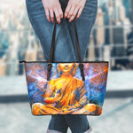 Buddha Statue Mandala Print Leather Tote Bag