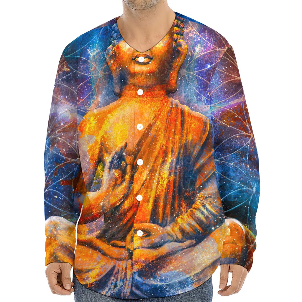 Buddha Statue Mandala Print Long Sleeve Baseball Jersey