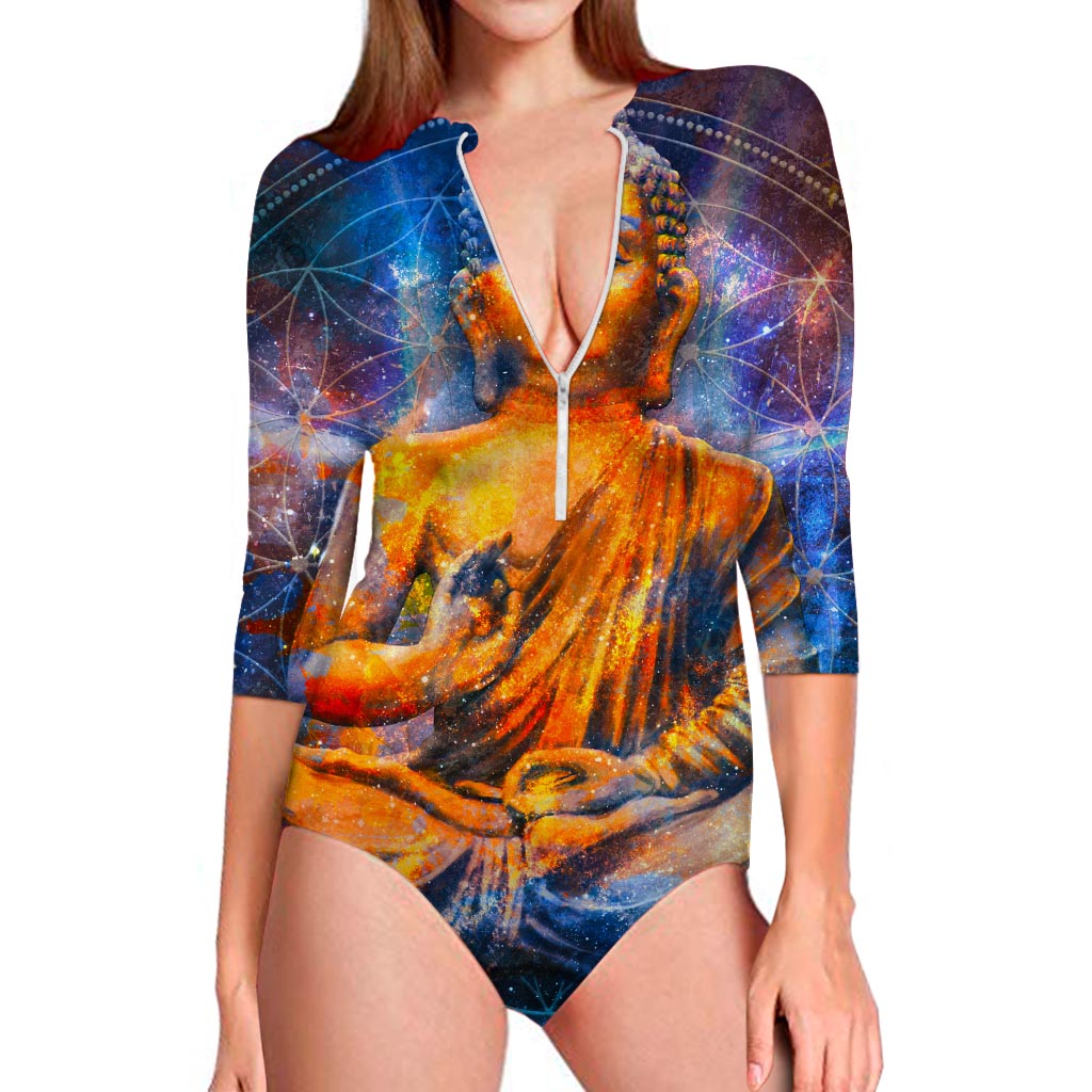 Buddha Statue Mandala Print Long Sleeve Swimsuit