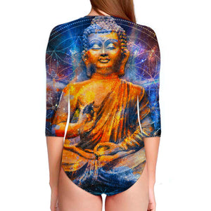 Buddha Statue Mandala Print Long Sleeve Swimsuit