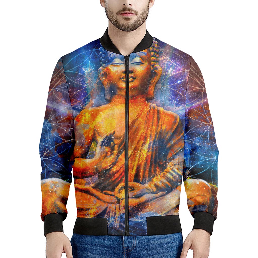 Buddha Statue Mandala Print Men's Bomber Jacket