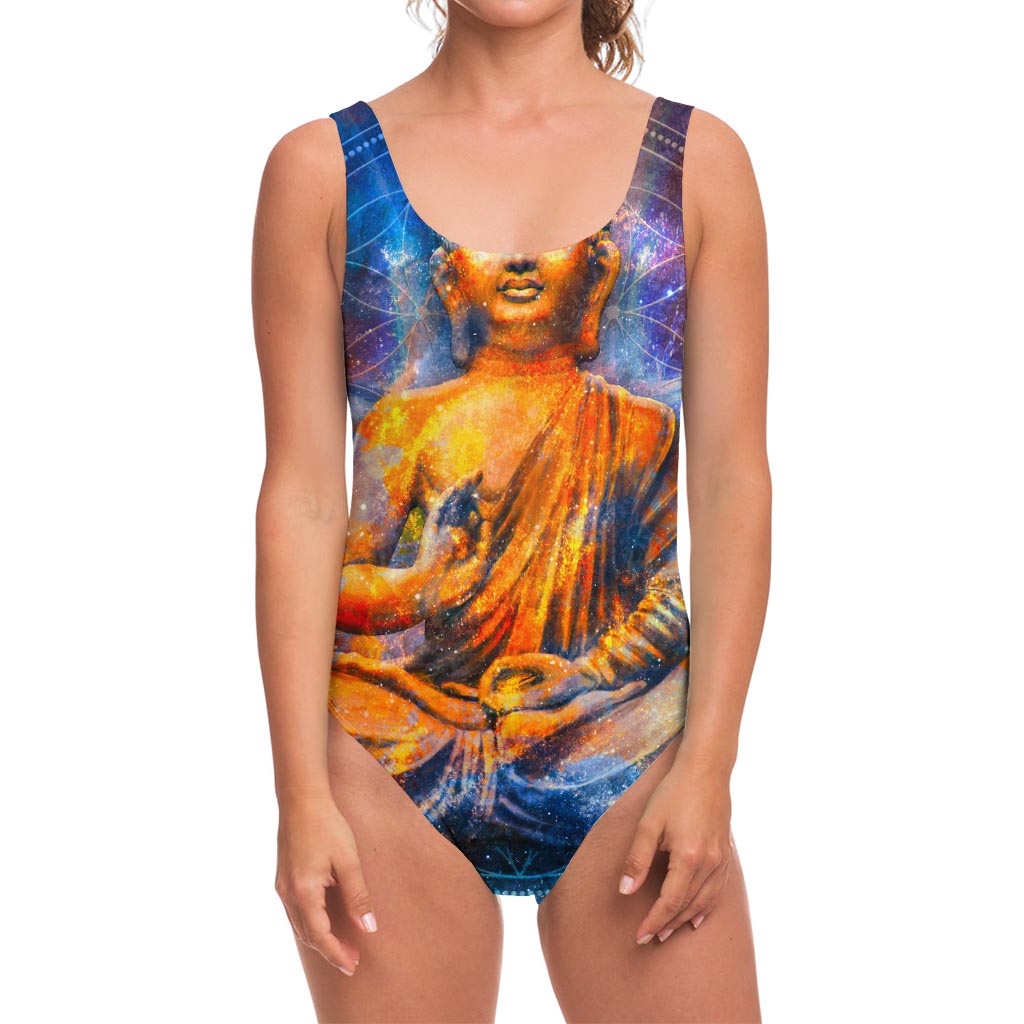 Buddha Statue Mandala Print One Piece Swimsuit