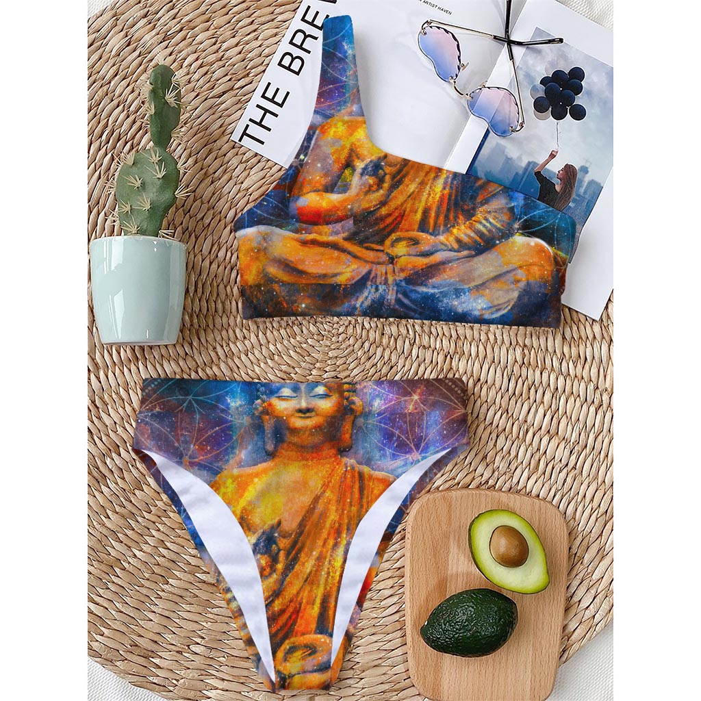 Buddha Statue Mandala Print One Shoulder Bikini Top