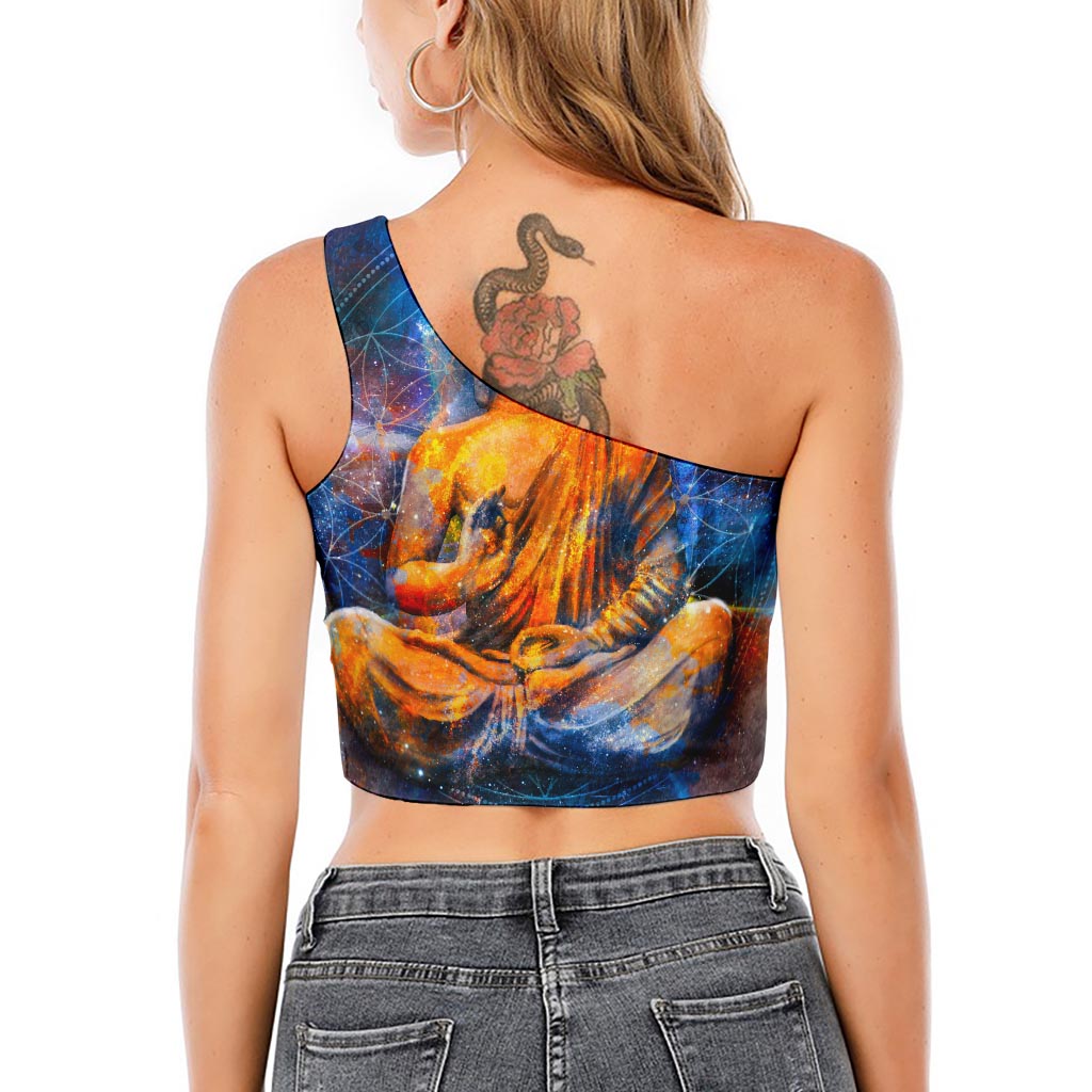 Buddha Statue Mandala Print One Shoulder Crop Top