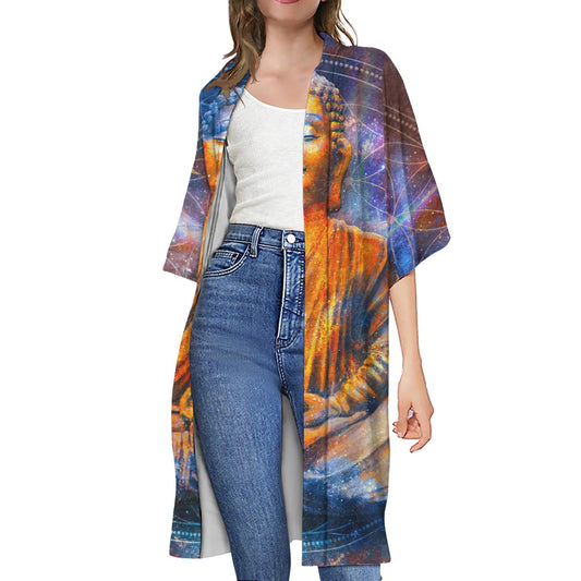 Buddha Statue Mandala Print Open Front Beach Cover Up