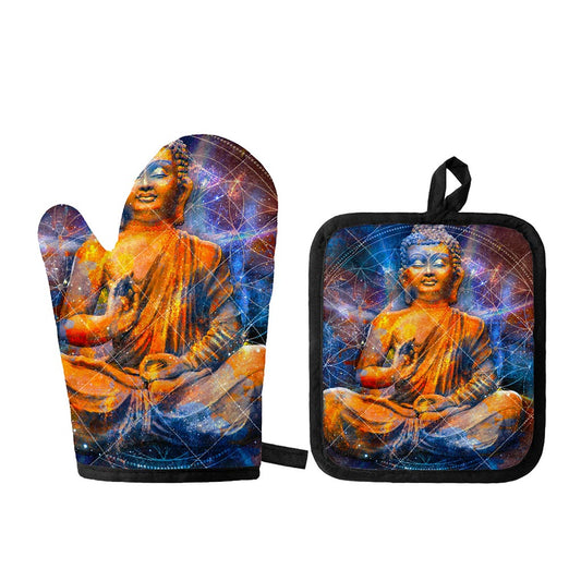 Buddha Statue Mandala Print Oven Mitt And Pot Holder Set