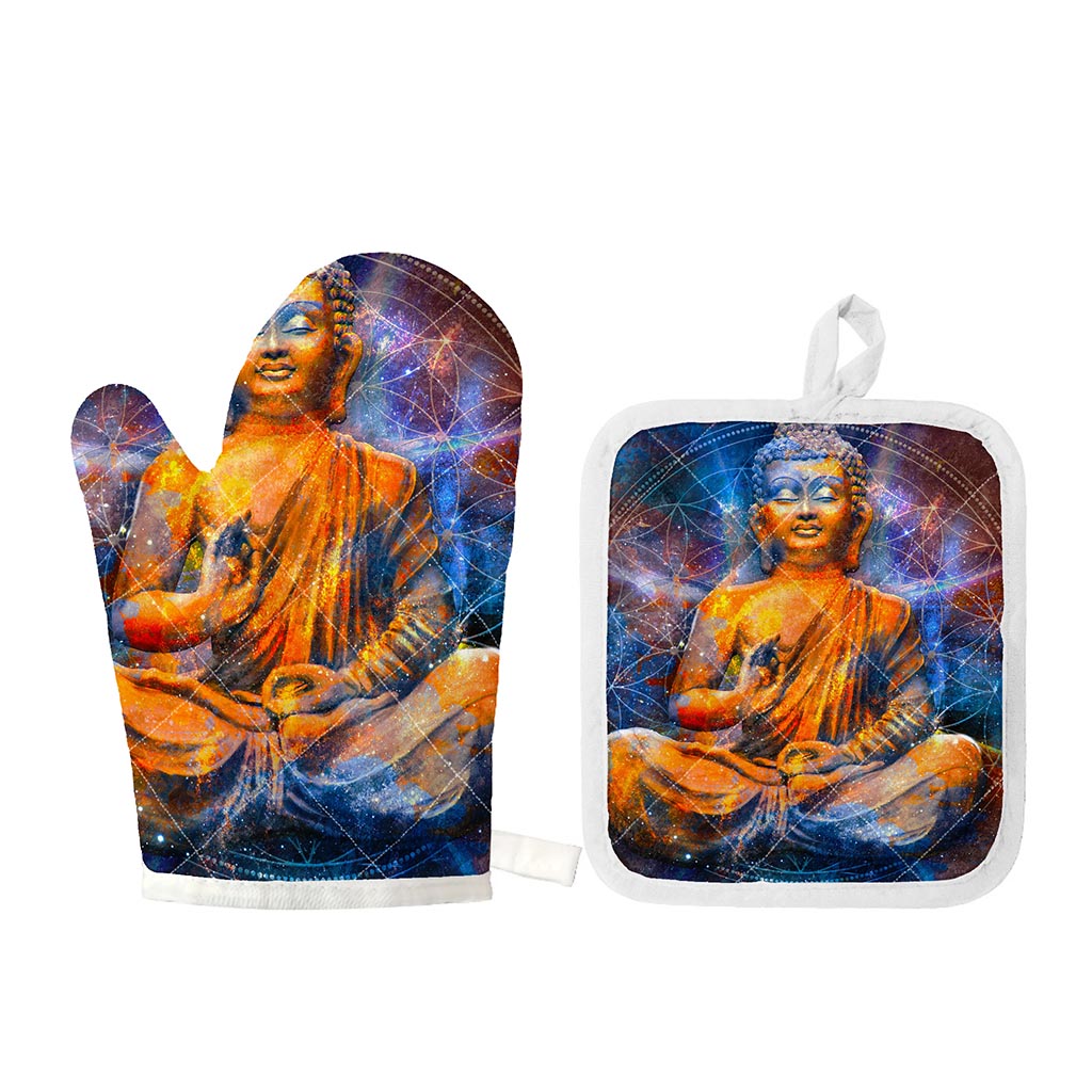 Buddha Statue Mandala Print Oven Mitt And Pot Holder Set