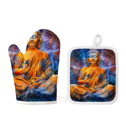 Buddha Statue Mandala Print Oven Mitt And Pot Holder Set