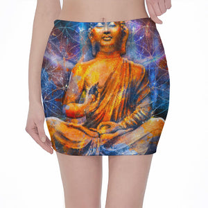 Buddha Statue Mandala Print Pencil Mini Skirt