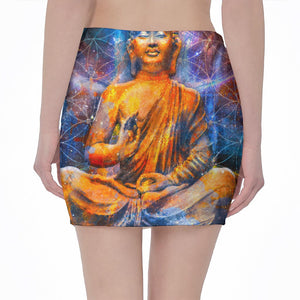 Buddha Statue Mandala Print Pencil Mini Skirt