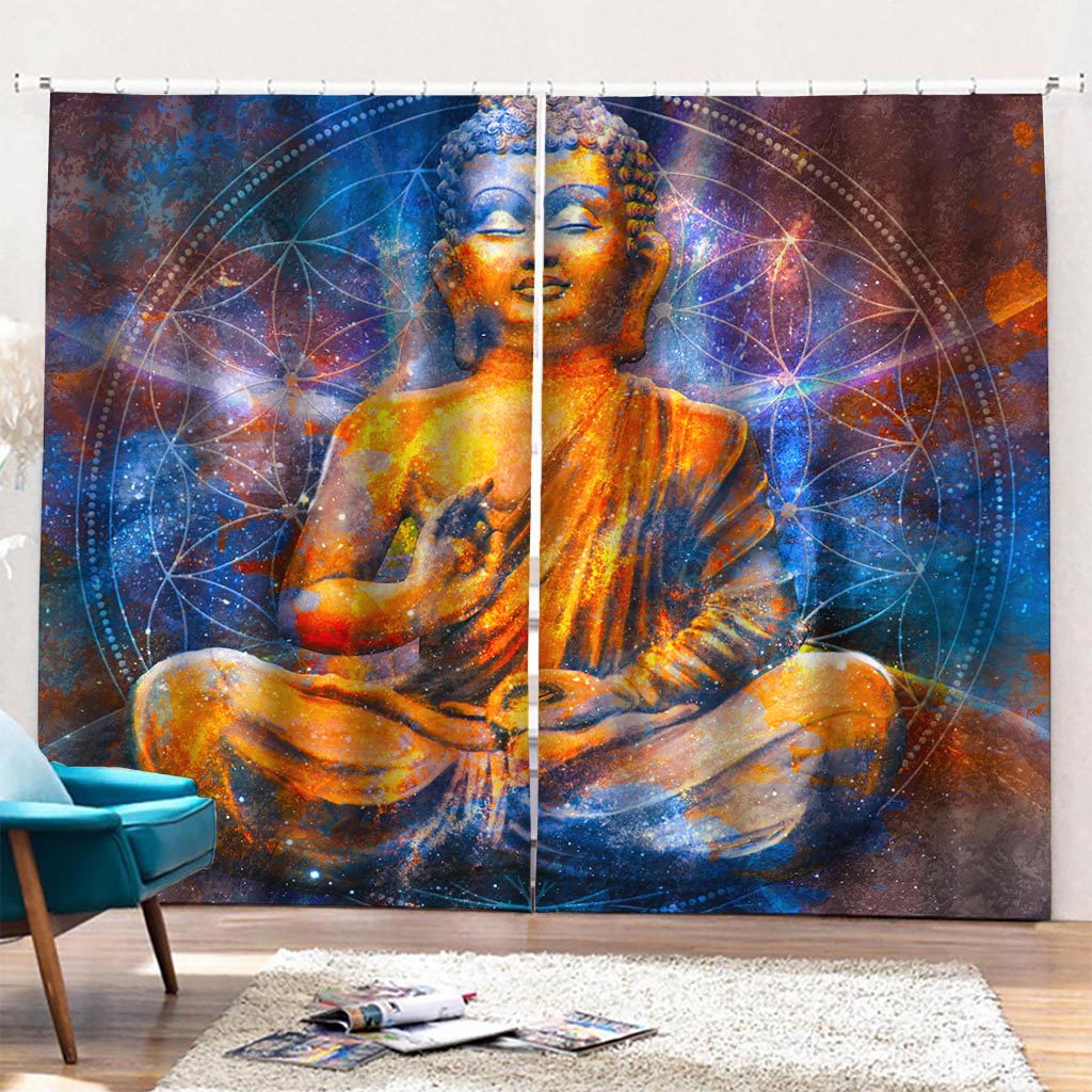 Buddha Statue Mandala Print Pencil Pleat Curtains