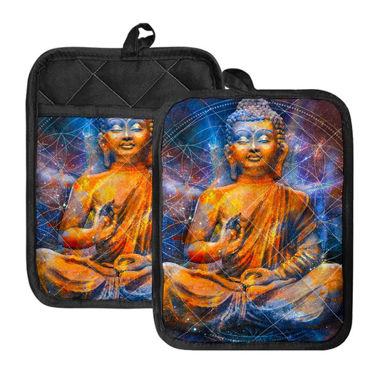 Buddha Statue Mandala Print Pot Holders With Pocket