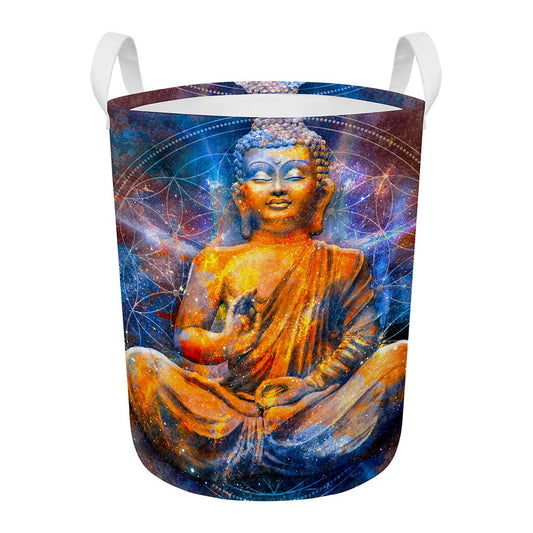 Buddha Statue Mandala Print Round Laundry Basket