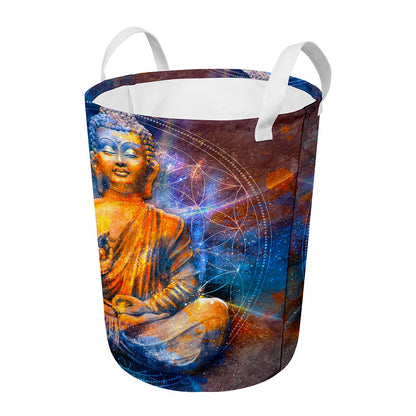 Buddha Statue Mandala Print Round Laundry Basket