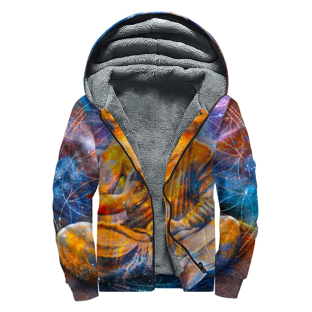 Buddha Statue Mandala Print Sherpa Lined Zip Up Hoodie