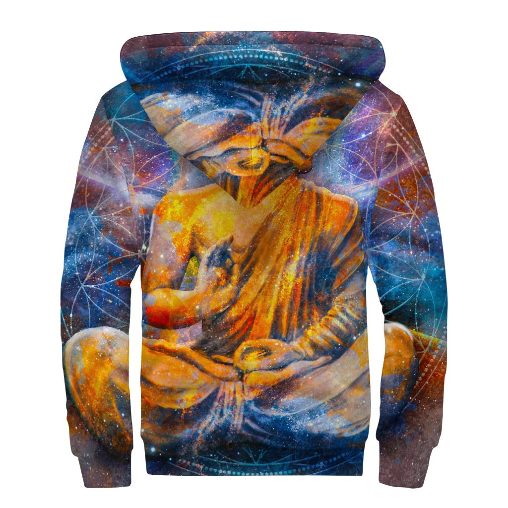 Buddha Statue Mandala Print Sherpa Lined Zip Up Hoodie