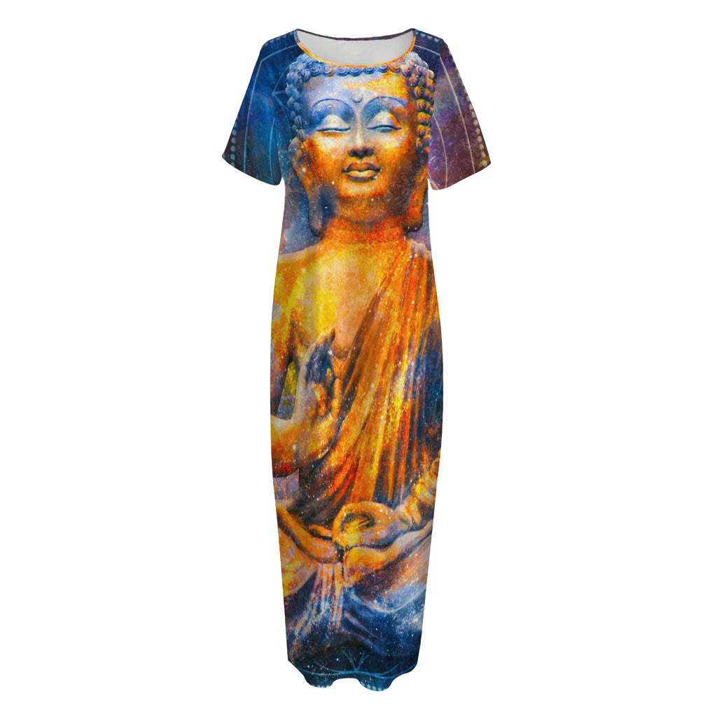 Buddha Statue Mandala Print Short Sleeve Long Nightdress