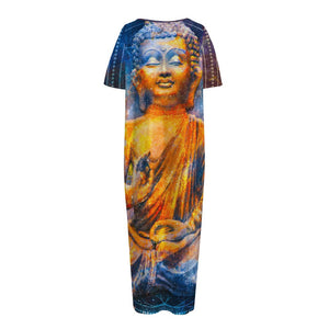 Buddha Statue Mandala Print Short Sleeve Long Nightdress