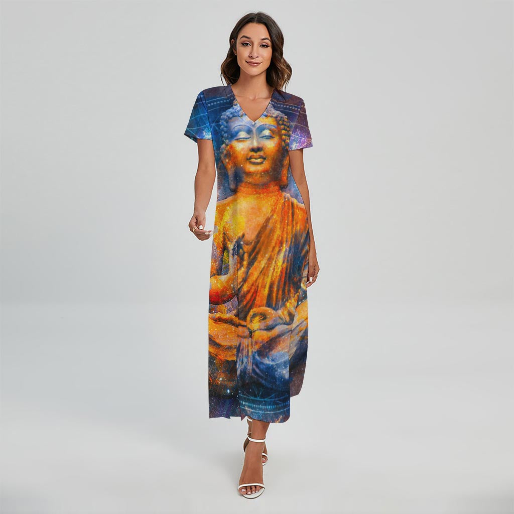 Buddha Statue Mandala Print Short Sleeve Maxi Dress