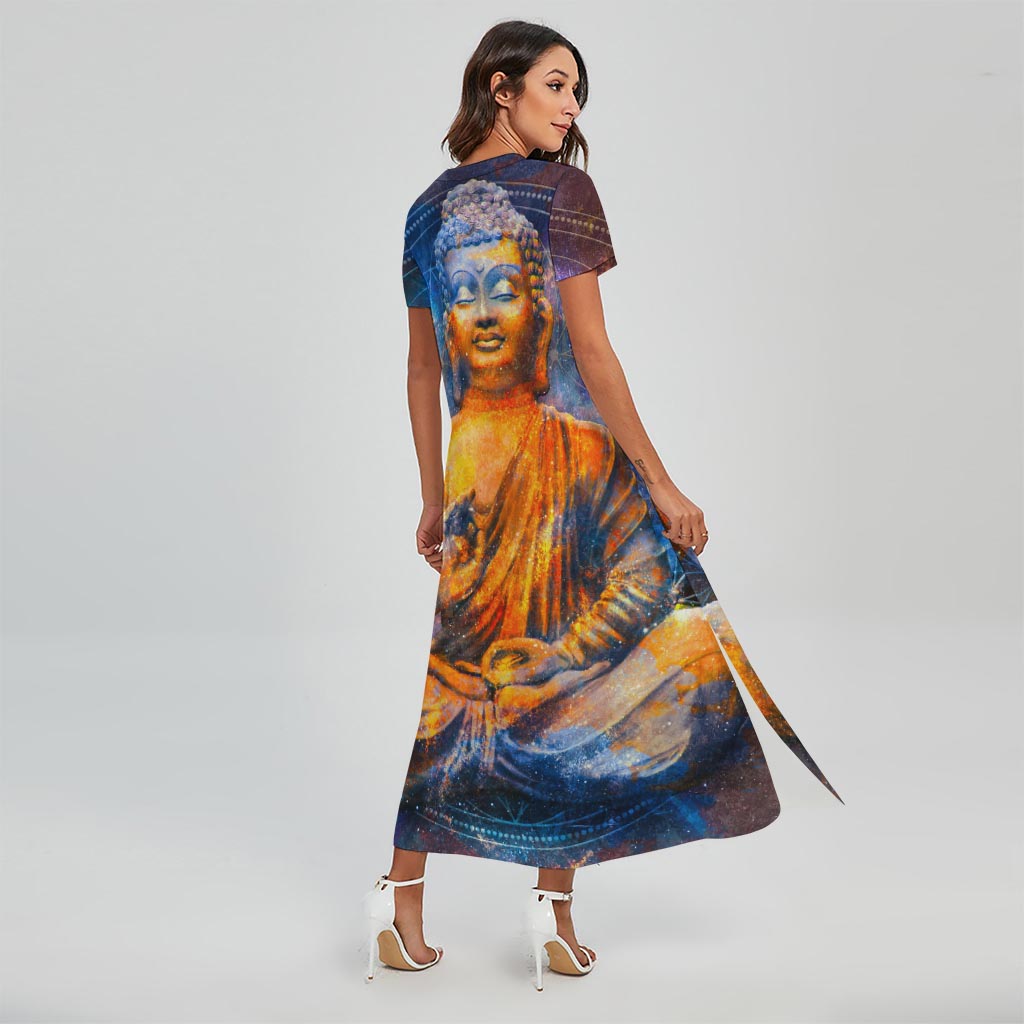 Buddha Statue Mandala Print Short Sleeve Maxi Dress