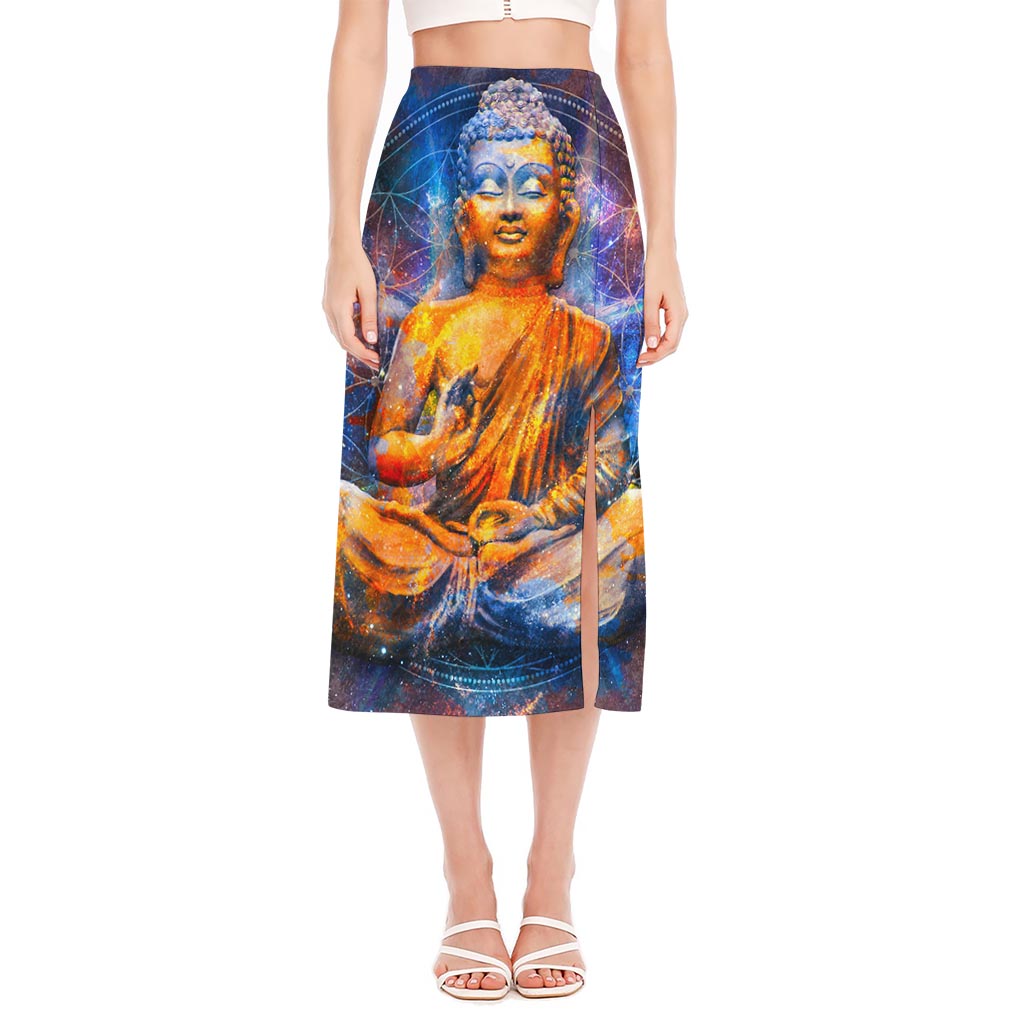 Buddha Statue Mandala Print Side Slit Midi Skirt