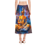 Buddha Statue Mandala Print Side Slit Midi Skirt