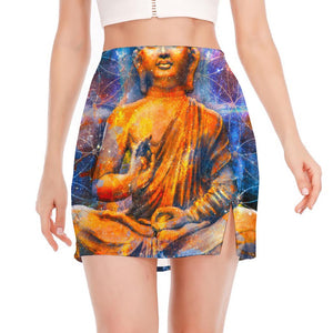 Buddha Statue Mandala Print Side Slit Mini Skirt