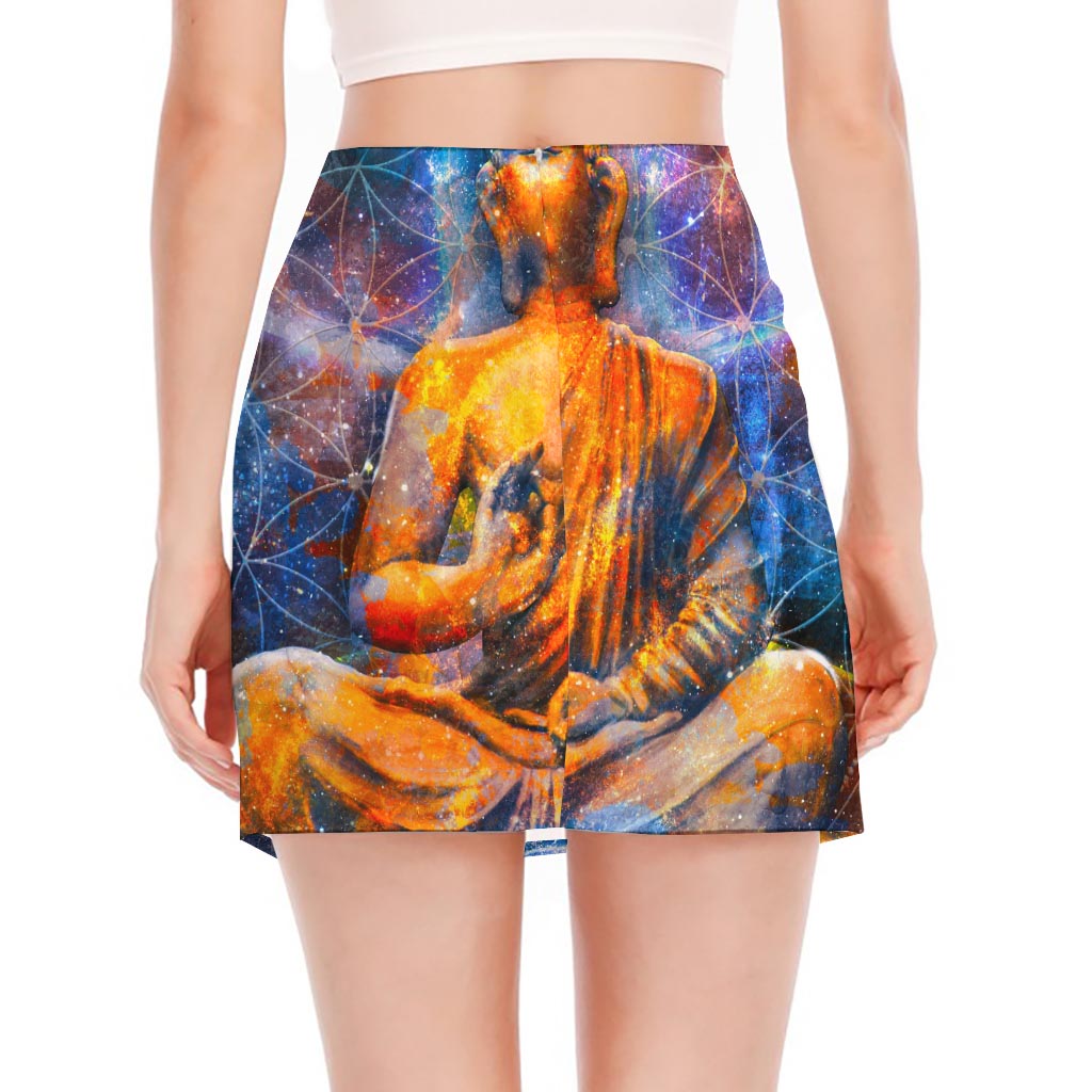 Buddha Statue Mandala Print Side Slit Mini Skirt