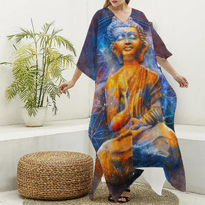 Buddha Statue Mandala Print Silk V-Neck Kaftan Dress